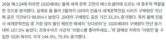 10-20세대 세계문학전집 구매 급증, 싯다르타·이방인 판매 증가
