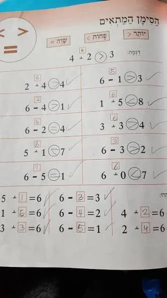 히브리어 수학 학습지: 1-6 범위의 덧셈과 뺄셈 연습 문제