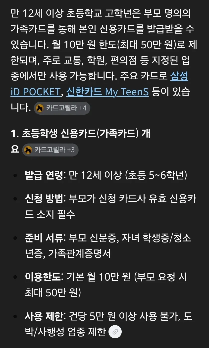 초등학생 신용카드 발급 조건: 만 12세 이상, 월 10만 원 한도, 지정 업종만 사용