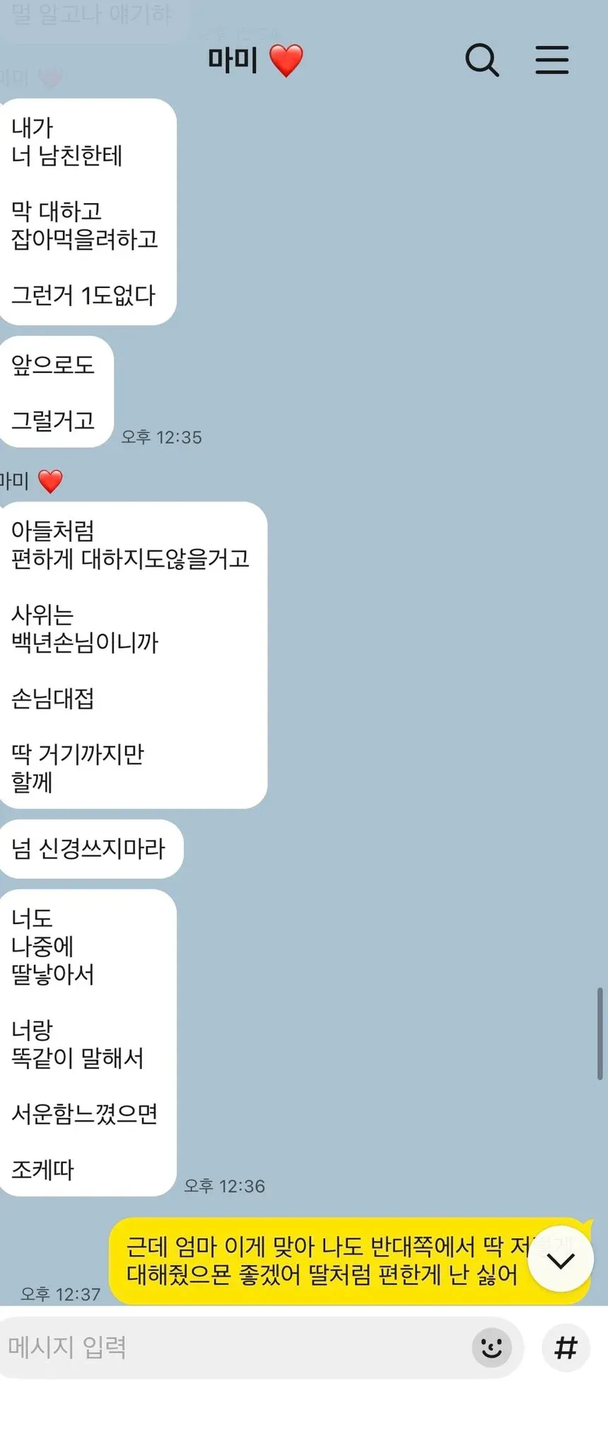 엄마가 사위 대우법과 가족관계를 설명하는 대화 메시지