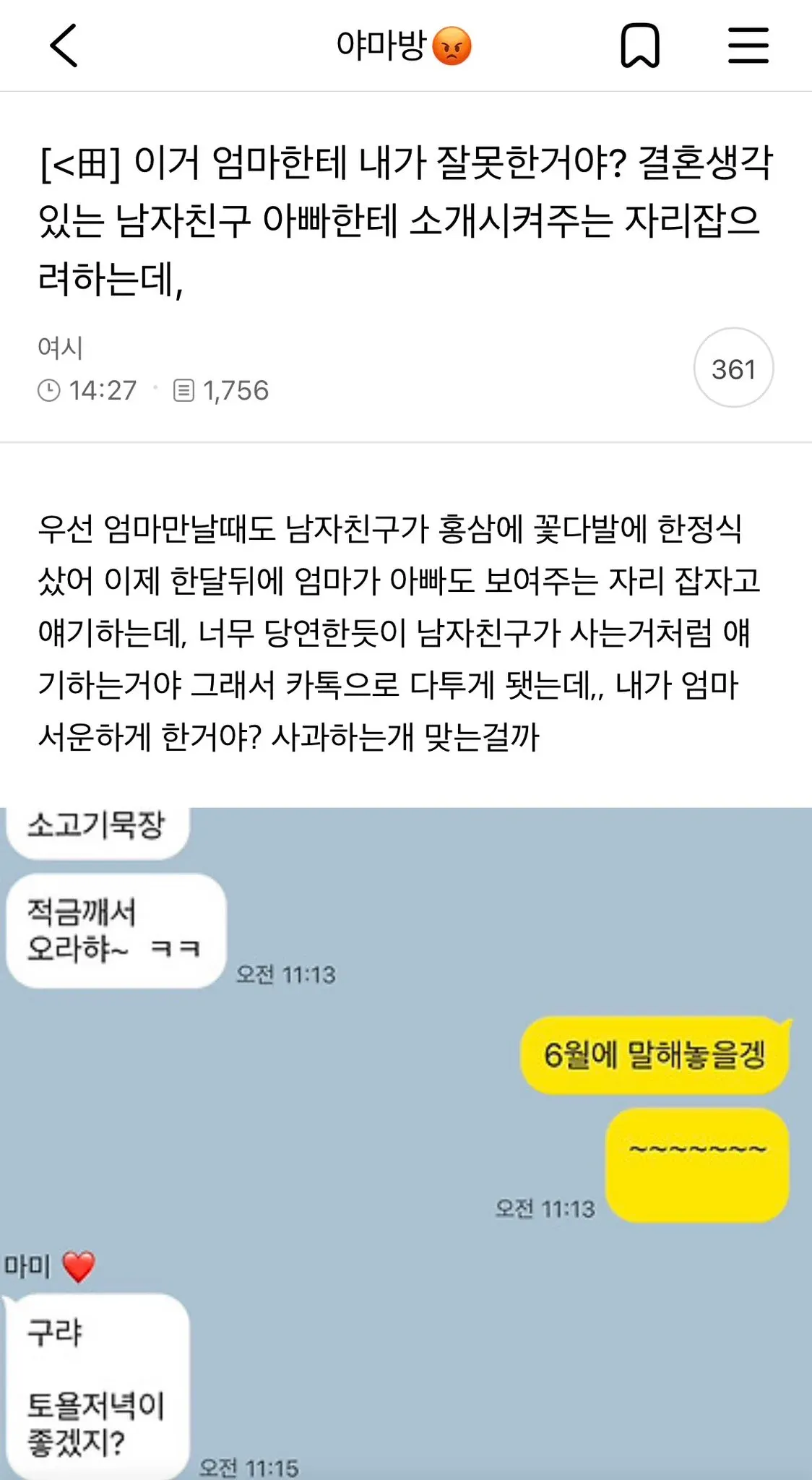 ```
결혼남친 아빠 소개팅에서의 식사비 문제로 엄마와 싸운 상황 상담글
```