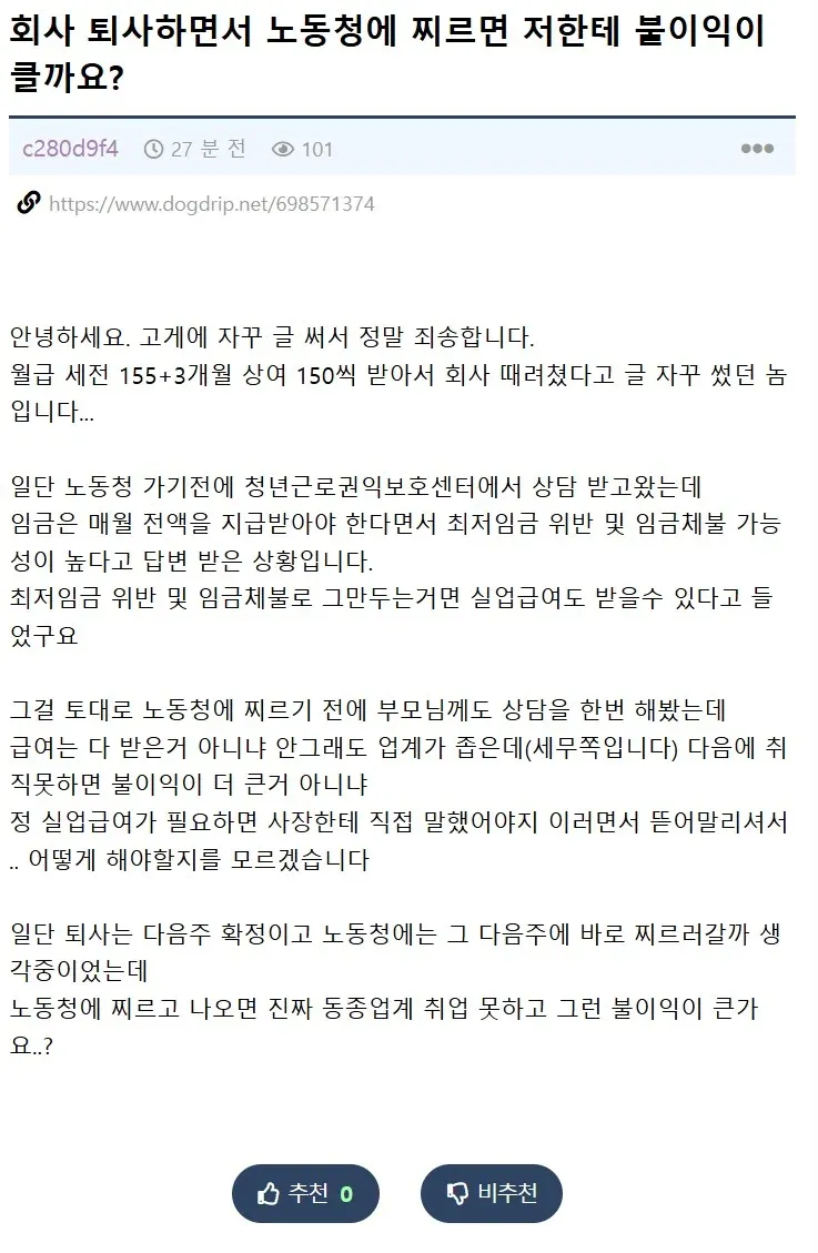 임금 체불로 퇴사 예정인 근로자의 노동청 신고 고민을 담은 댓글