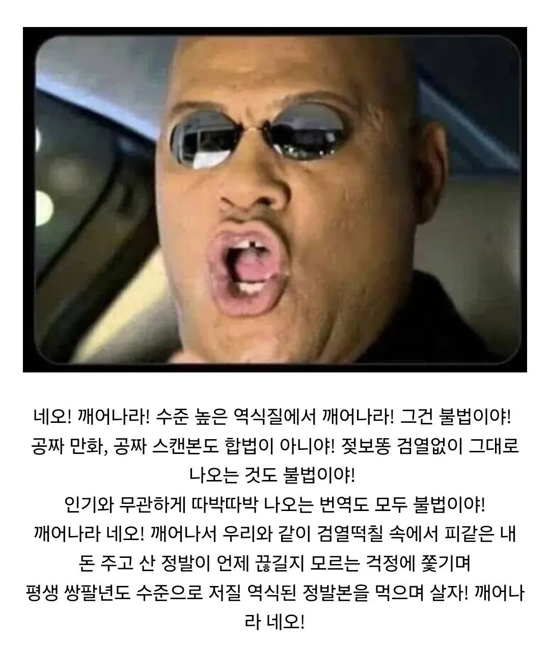 불법 만화 사이트 비판의 매트릭스 패러디 이미지