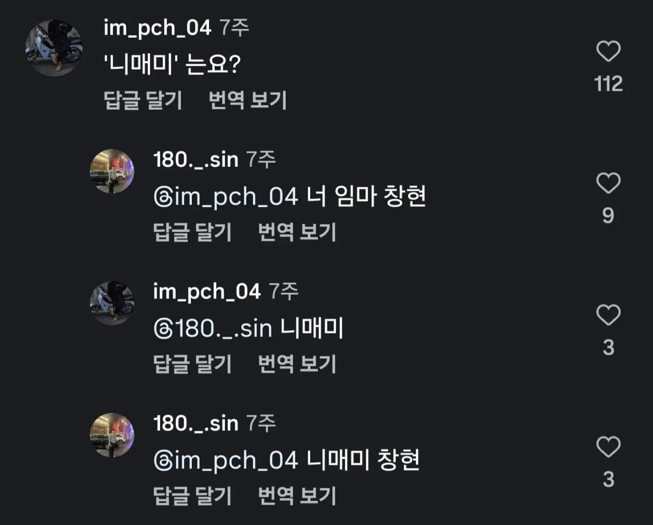 커뮤니티 댓글 스크린샷. im_pch_04와 180._.sin의 '니매미' 관련 대화