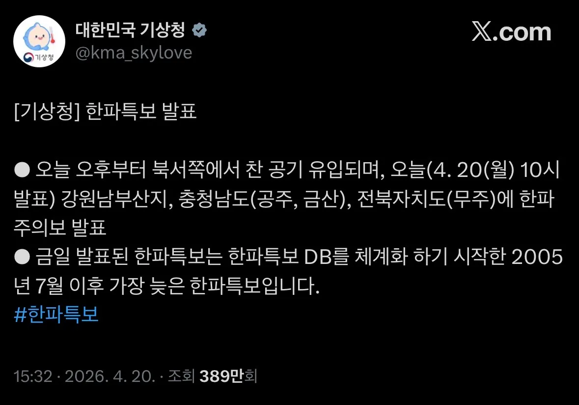 기상청 한파특보: 강원남부·충청남도·전북지역 한파주의보 발표