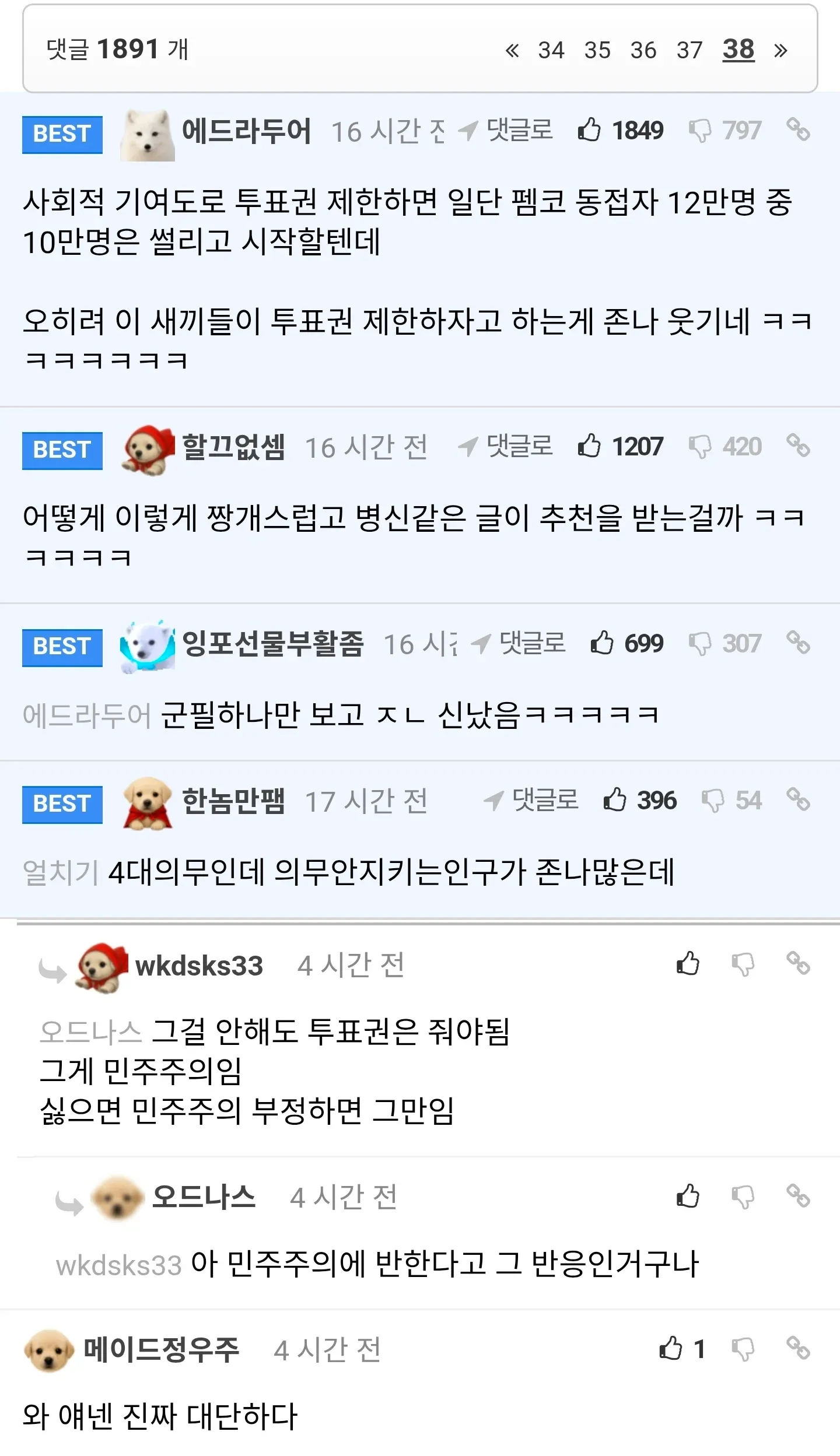 펨코 댓글: 투표권 제한 정책 찬반 의견 논쟁