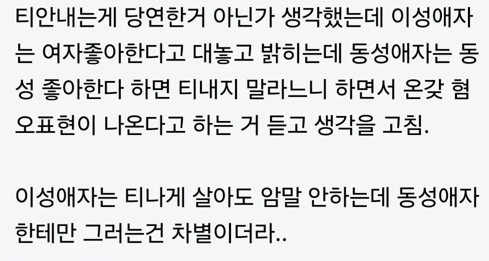 동성애자 차별과 이성애자와의 이중 기준을 비판하는 온라인 댓글