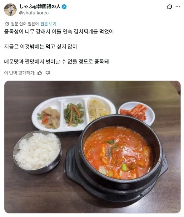 이틀 연속 김치찌개를 먹고 중독된 일본인의 표현