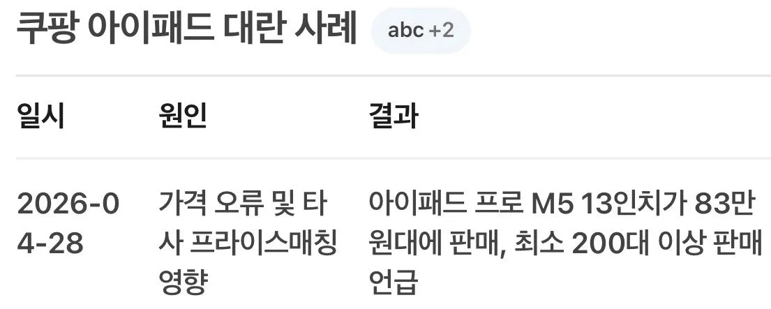 쿠팡 아이패드 프로 M5 13인치 가격 오류 대란, 83만원대 판매 사건