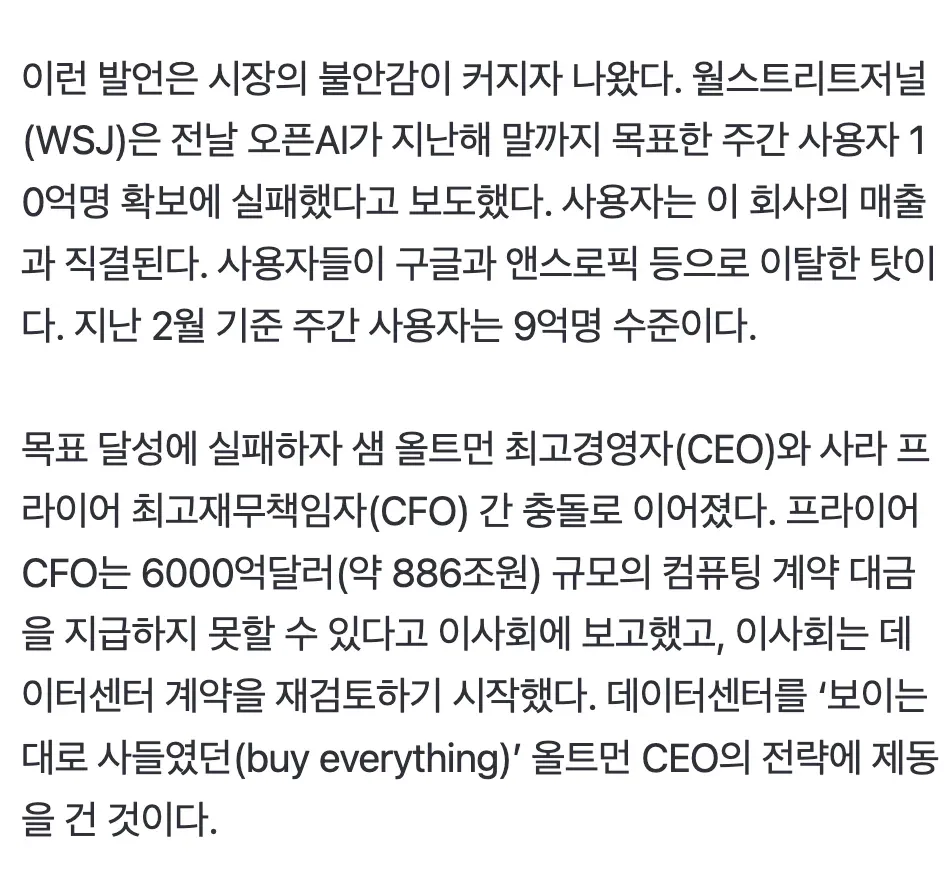 OpenAI 사용자 목표 미달, 거액 인프라 대금 지급 위기