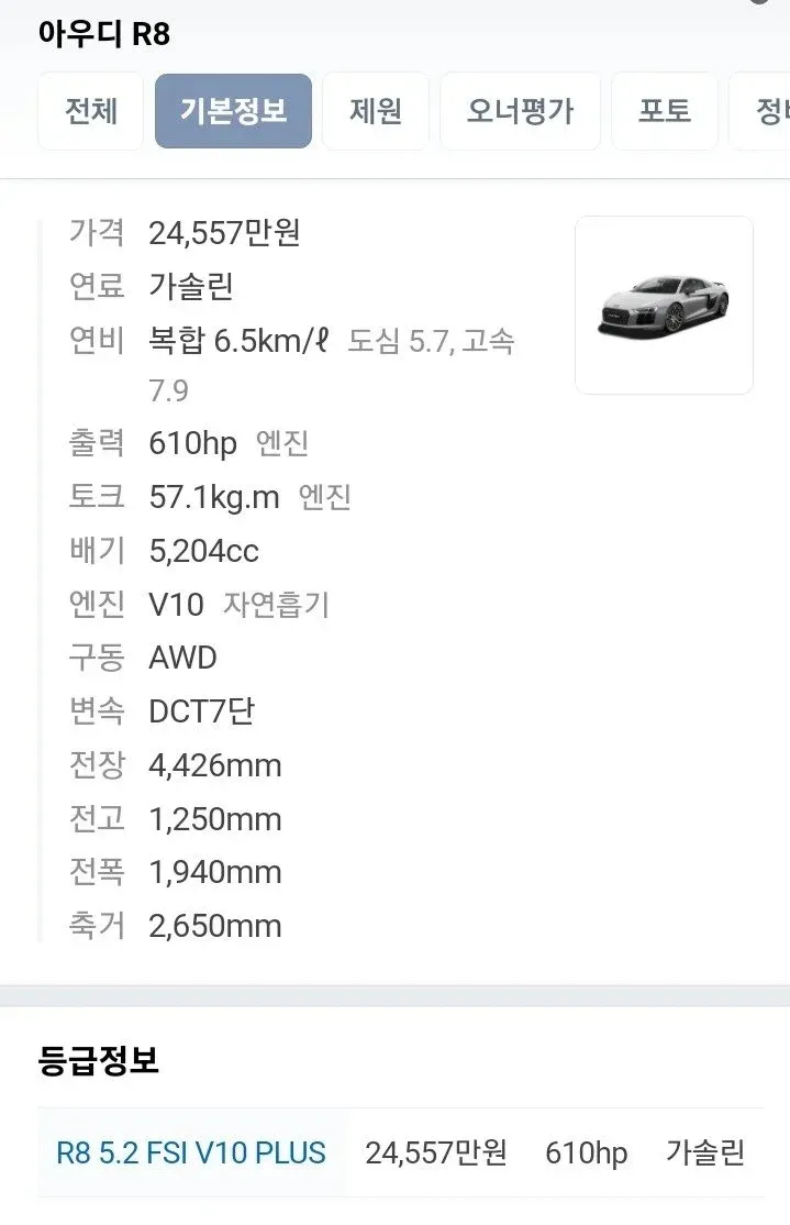아우디 R8 V10 자연흡기 엔진(610hp) 사양 명세