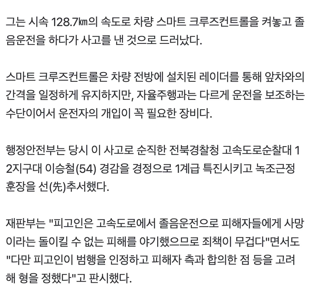 크루즈 컨트롤 믿고 졸음운전한 운전자, 경찰 2명 사망 사건 기사