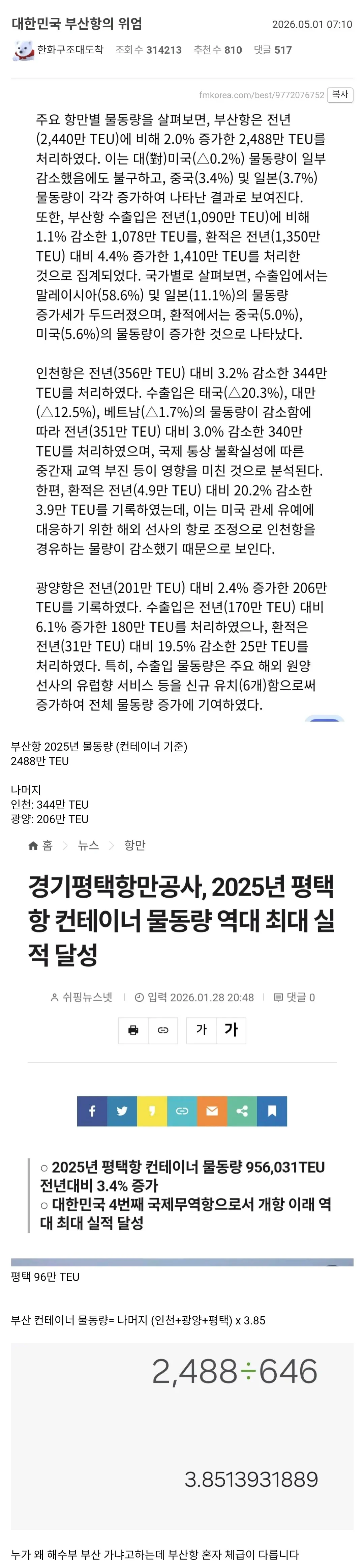 부산항 2026년 5월 물동량 통계: 전년 대비 2.0% 증가, 환적 4.4% 증가