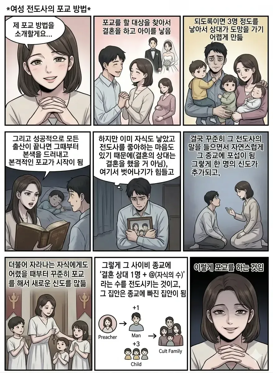 사이비 종교 포교 전략: 결혼과 자녀를 통한 신도 확산 방법 설명도