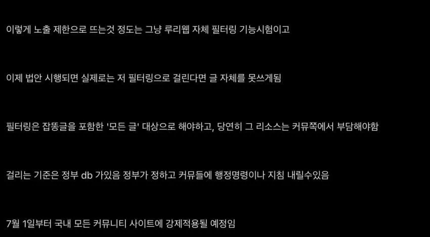 루리웹 사전검열 필터링 시스템. 7월 1일부터 국내 커뮤니티 전체 강제 적용