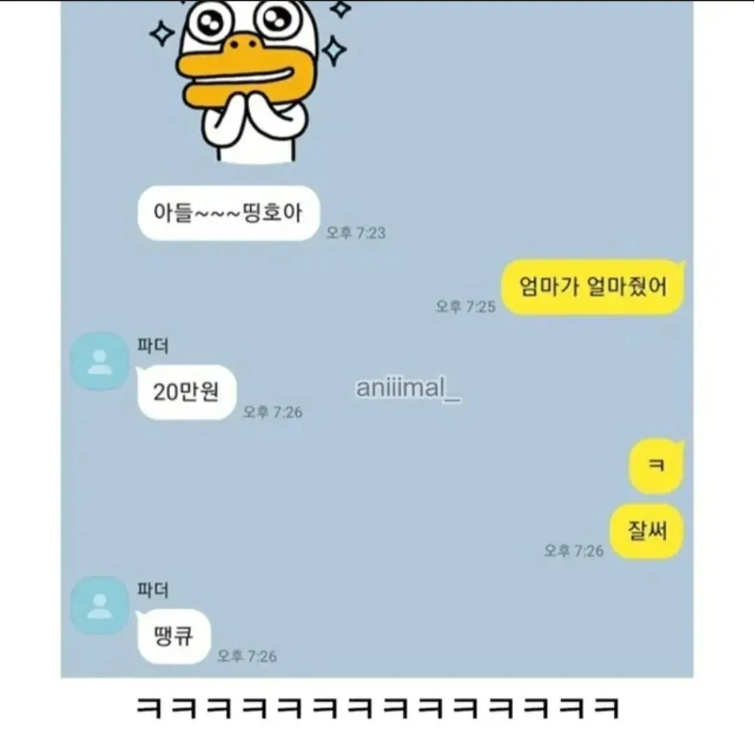 아버지가 용돈 20만원을 주고 아들이 감사하는 카톡 대화