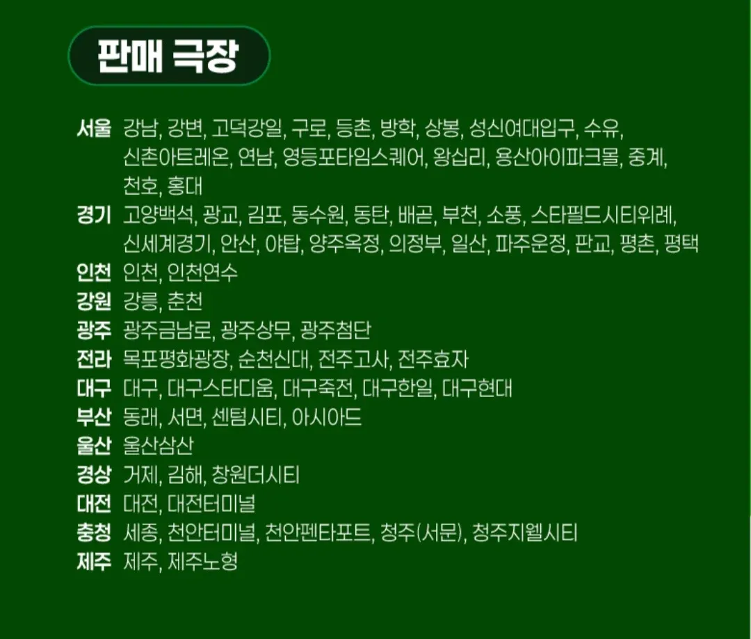 한국 주요 도시의 CGV 극장 위치 목록