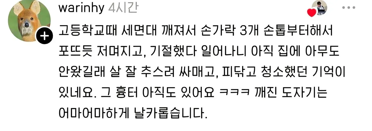 세면대가 깨져 손가락을 다친 경험담 댓글