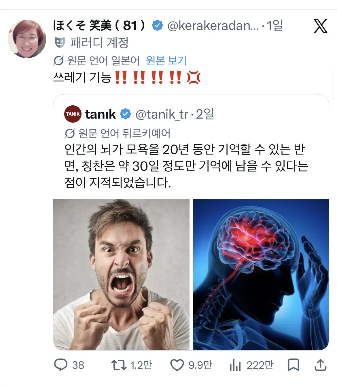 모욕은 20년, 칭찬은 30일만 기억하는 인간의 뇌를 설명하는 이미지