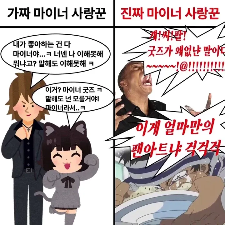 가짜 vs 진짜 마이너 팬 비교 밈. 침착한 태도와 광적 표현의 차이를 보여주는 온라인 커뮤니티 유머