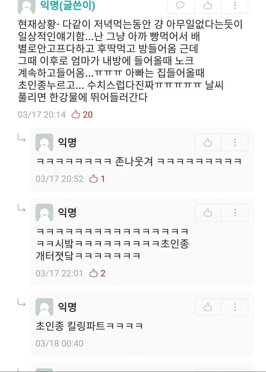한국 온라인 커뮤니티 익명 댓글 스크린샷