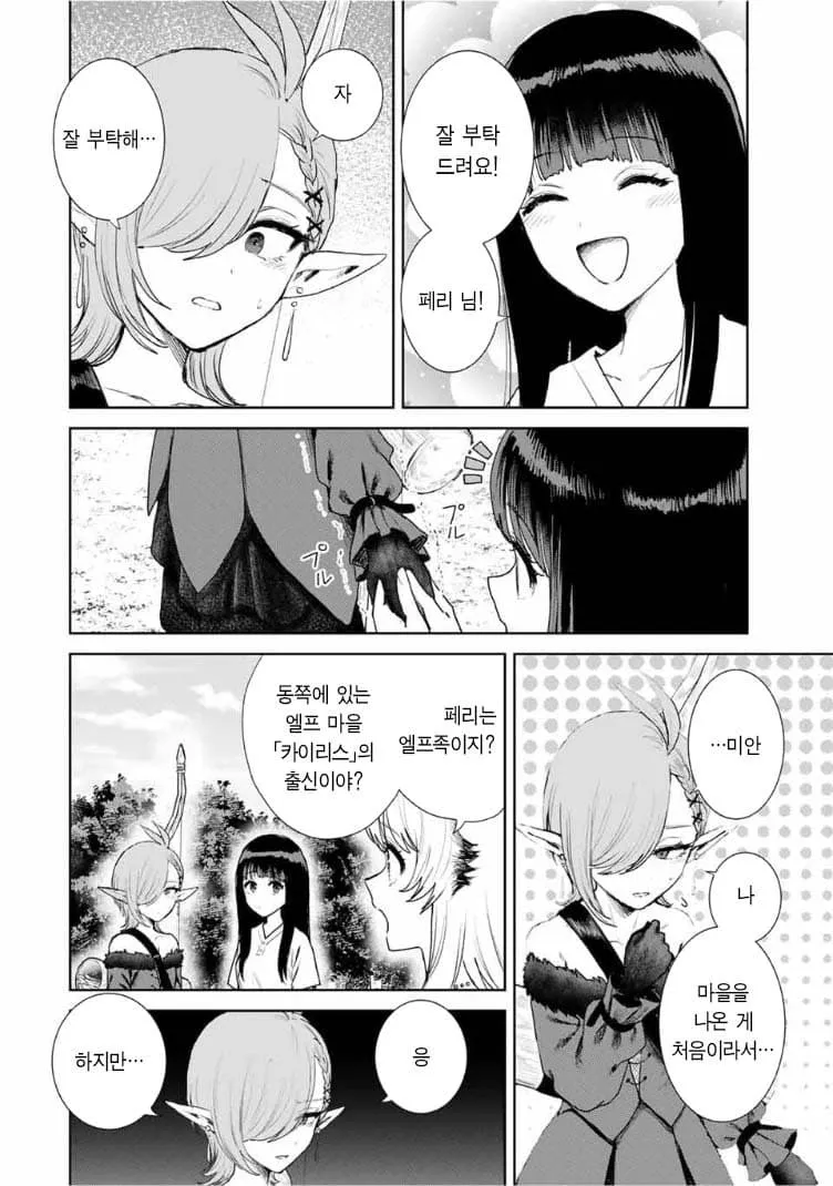 엘프 페리가 마을 카이라스 출신임을 밝히는 대화 장면