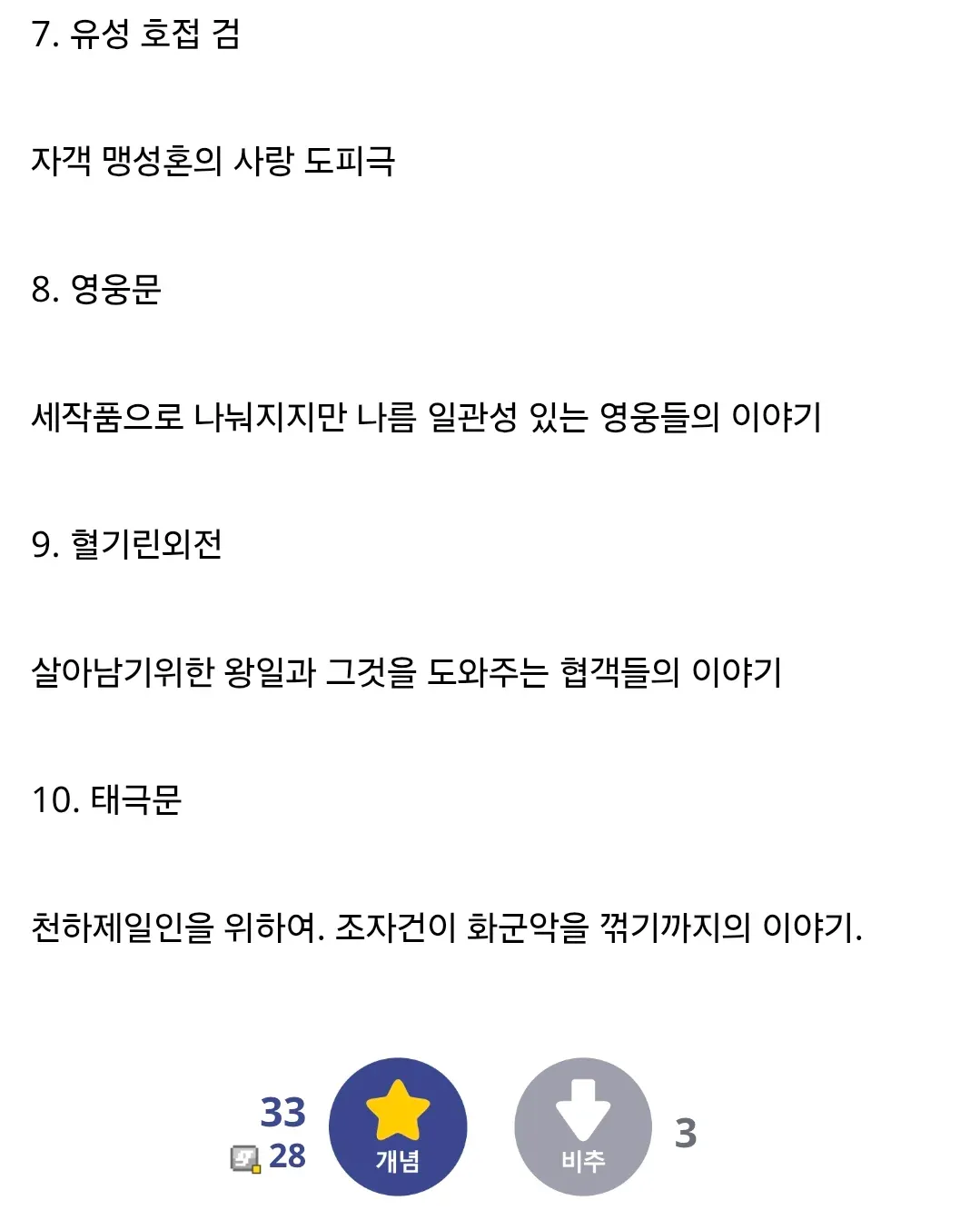 무협지 순위 목록 7-10위: 유성호접검, 영웅문, 혈기린외전, 태극문