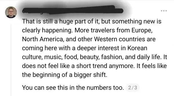 한국 문화·음악·음식·뷰티·패션에 관심 있는 서양 여행자 증가 추이