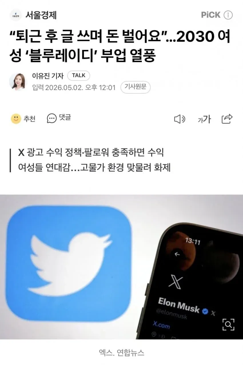 2030 여성들의 X 광고 수익 부업 '블루레이디' 트렌드
