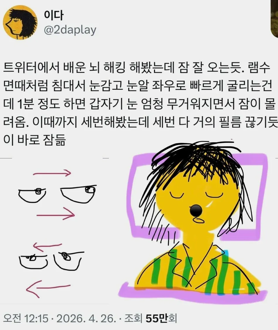 침대에서 눈알을 빠르게 굴려 1분 내에 숙면을 유도하는 뇌 해킹 기법을 소개한 트위터 게시물