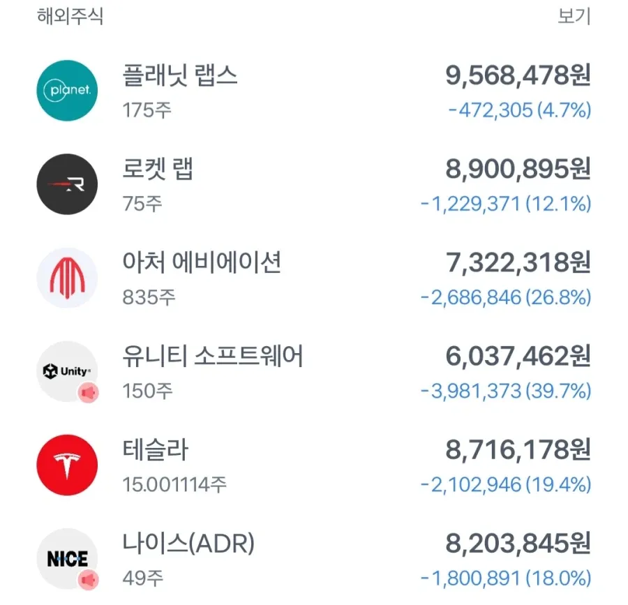 해외 주식 포트폴리오 현황: 테슬라, 로켓 랩 등 6개 종목 손실 상태