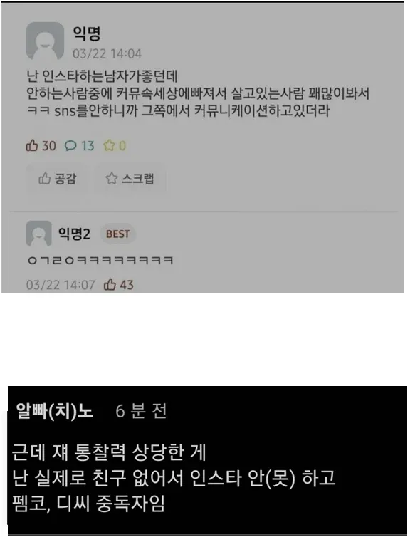 인스타그램을 안 하는 남자에 대한 온라인 커뮤니티 댓글 화면
