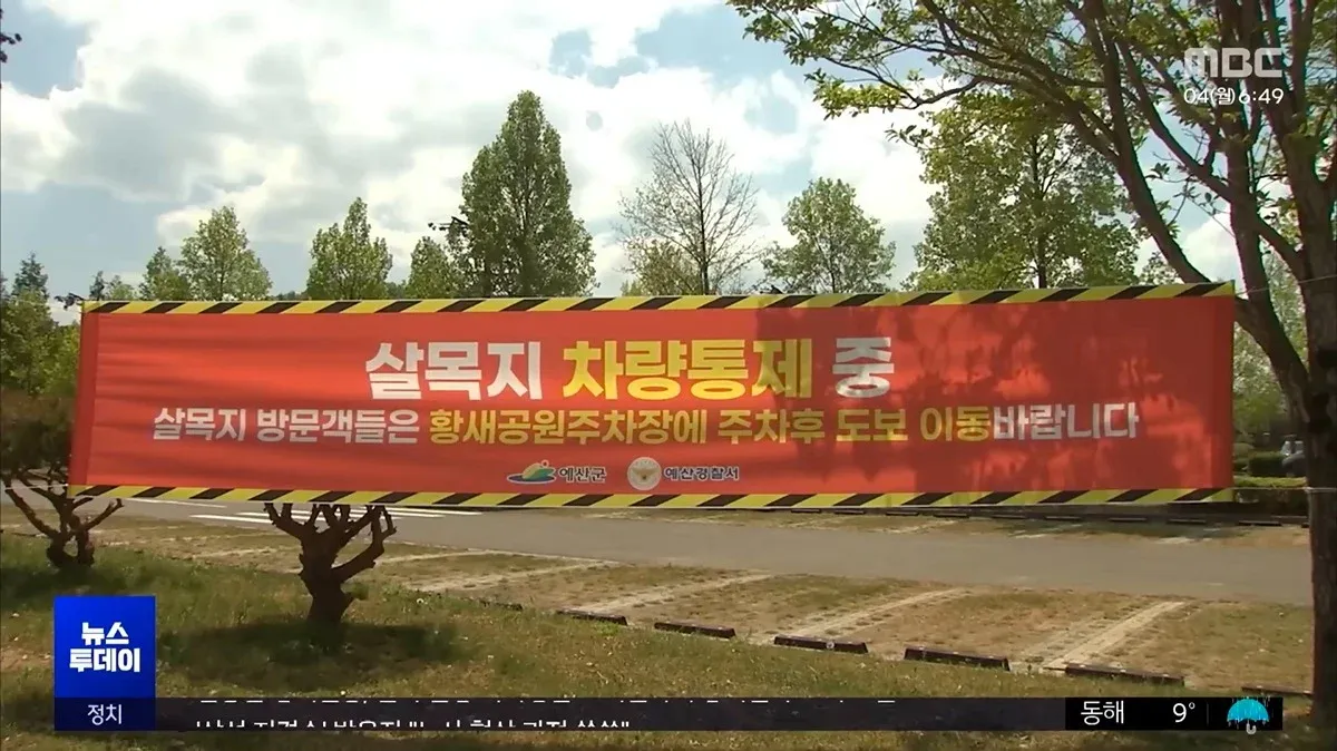살목지 차량통제 안내판, 황새공원주차장 주차 후 도보 이동 안내