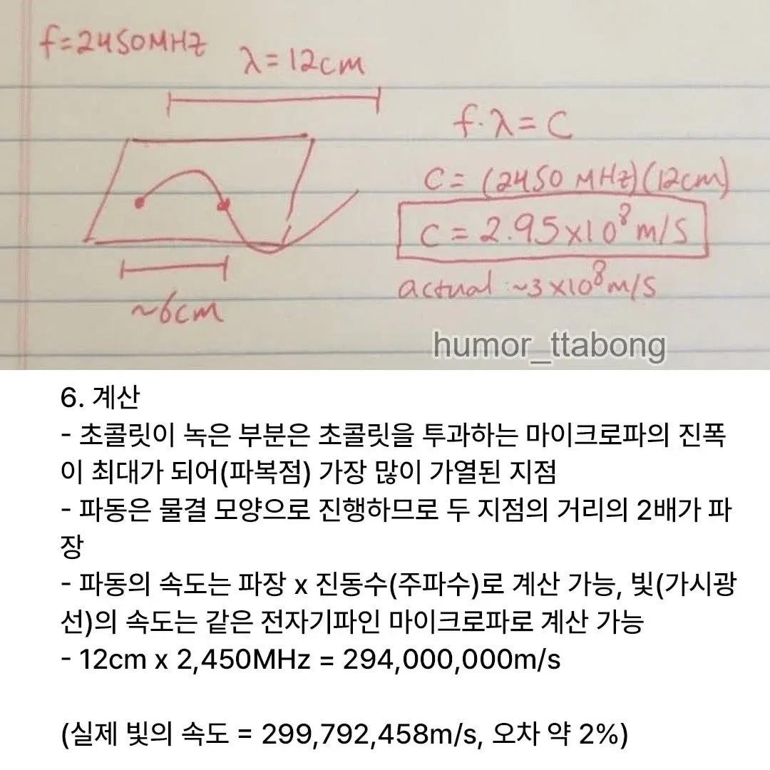 마이크로파 주파수 2450MHz와 파장 12cm로 계산한 빛의 속도 측정 방법 및 공식