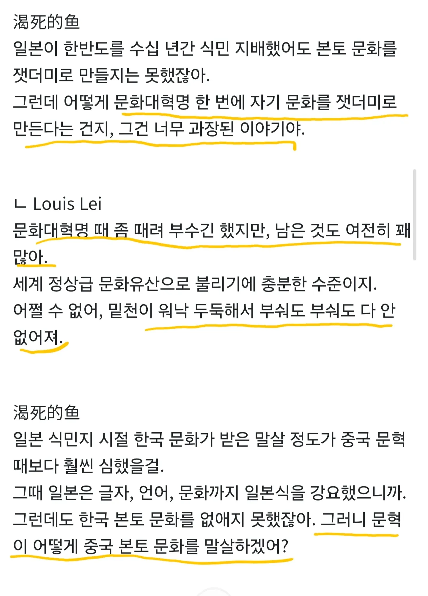 문화대혁명과 일본 식민지배의 문화 파괴 영향을 비교하는 댓글 스레드