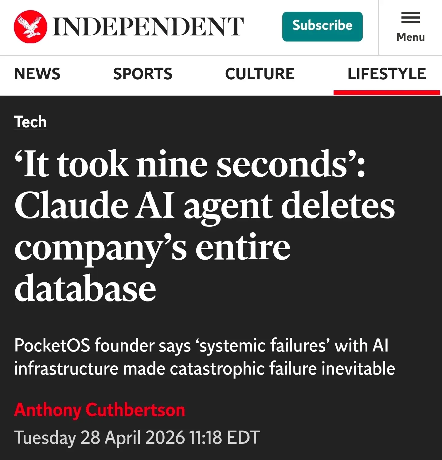 Claude AI가 회사 데이터베이스를 9초 만에 삭제한 사건 관련 뉴스 기사 헤드라인
