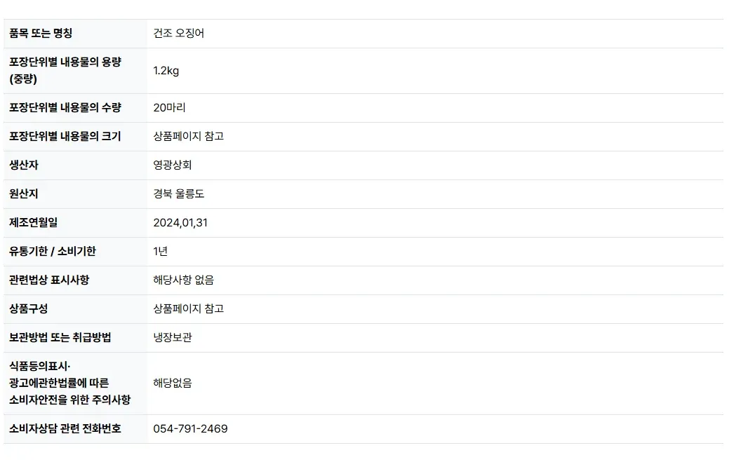 영광 상회 건조 오징어 20마리 상품정보 라벨(경북산, 냉장 보관)