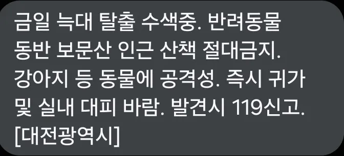 탈출 동물 주의: 보문산 산책 금지, 공격성, 즉시 귀가 및 119 신고