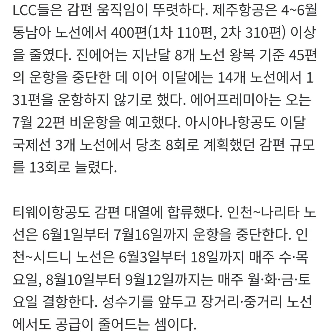 유가 상승으로 항공사 감편, 동남아 노선 중심으로 4~6월 운항 편수 단축