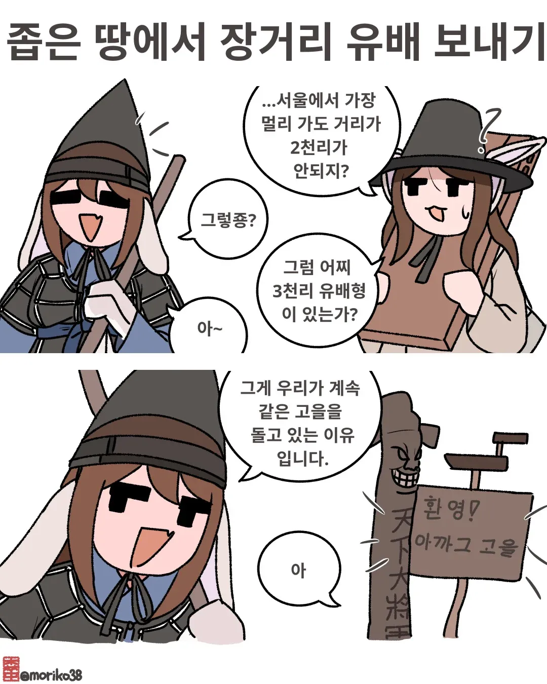 좁은 국토에서 3천리 유배를 실현하기 위해 같은 고을을 도는 방식을 설명하는 이미지