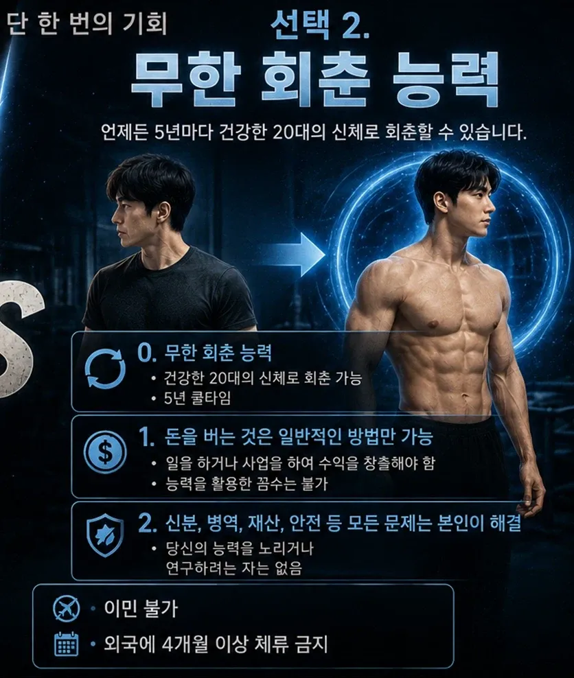 1000억 vs 5년마다 무한 회춘 능력 중 선택하는 비교 이미지