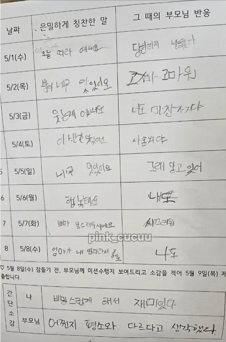 부모님께 비밀스럽게 칭찬한 말과 반응을 기록한 어버이날 숙제