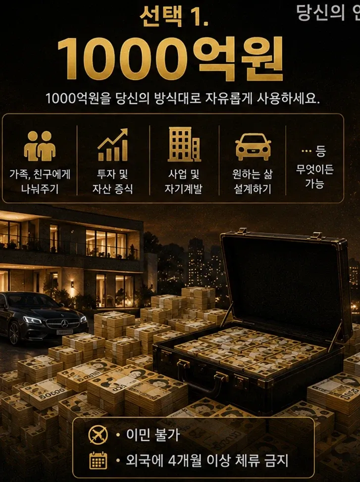 선택 1: 1000억원 자유 사용 (이민·해외 4개월 이상 체류 금지)