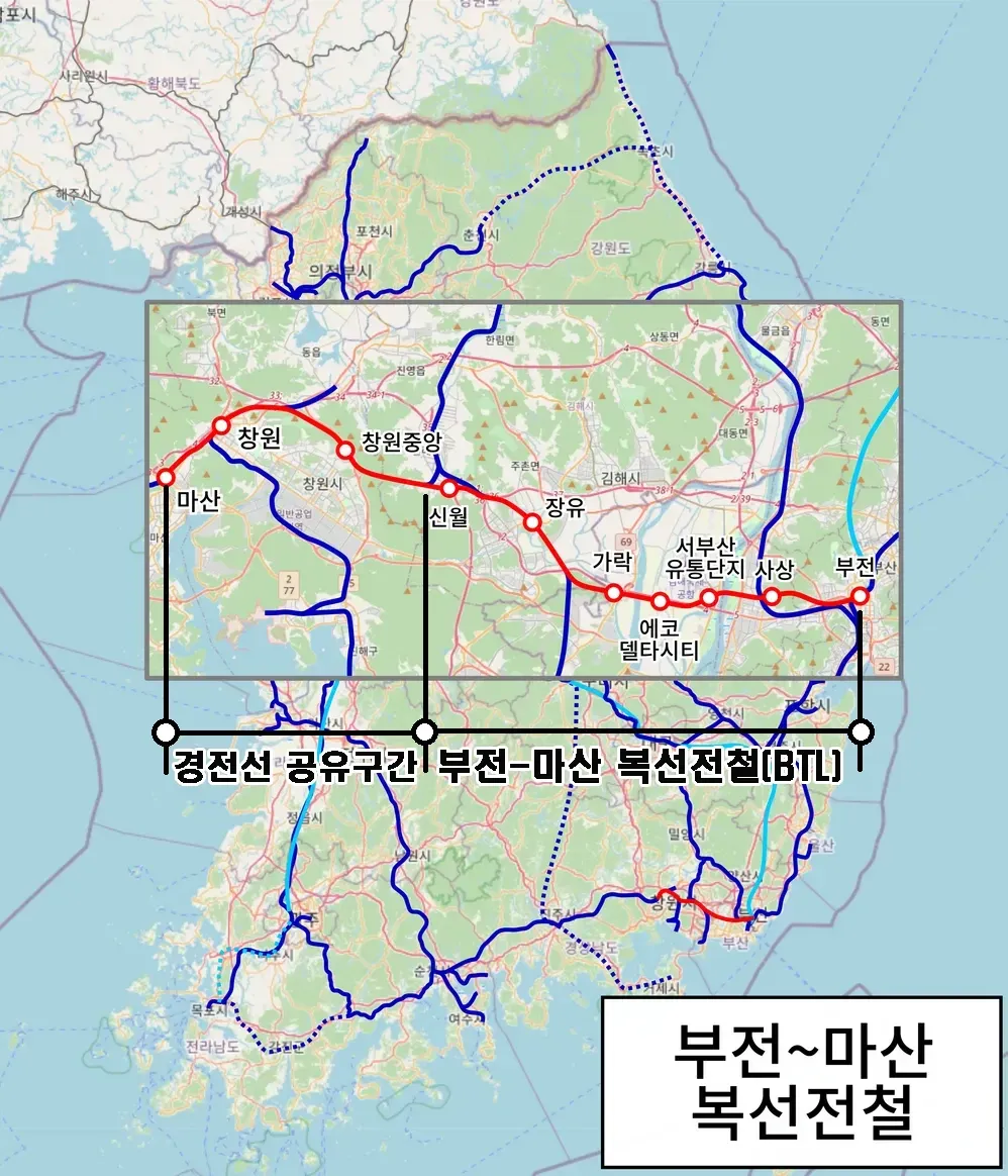 부전~마산 복선전철 노선도 및 주요 역