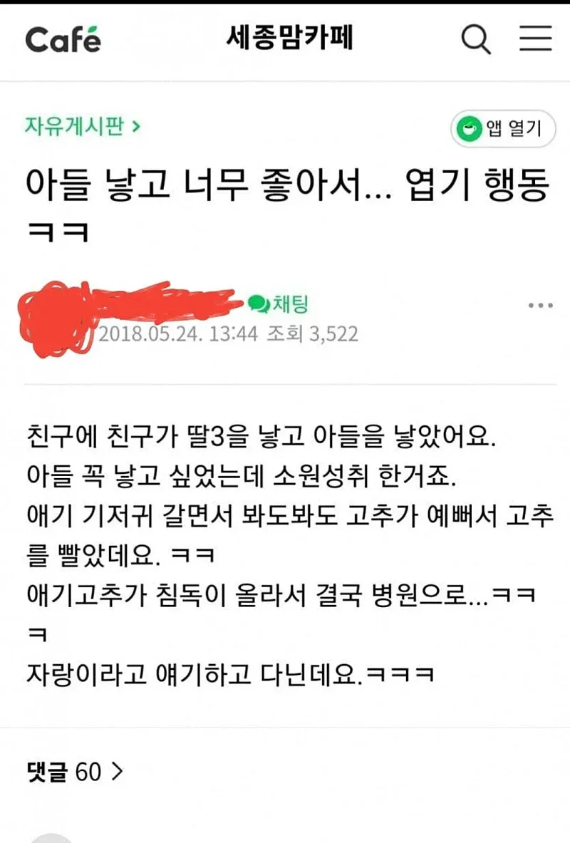 한국 온라인 커뮤니티 게시글 스크린샷: 아들 고추 관련 황당한 이야기