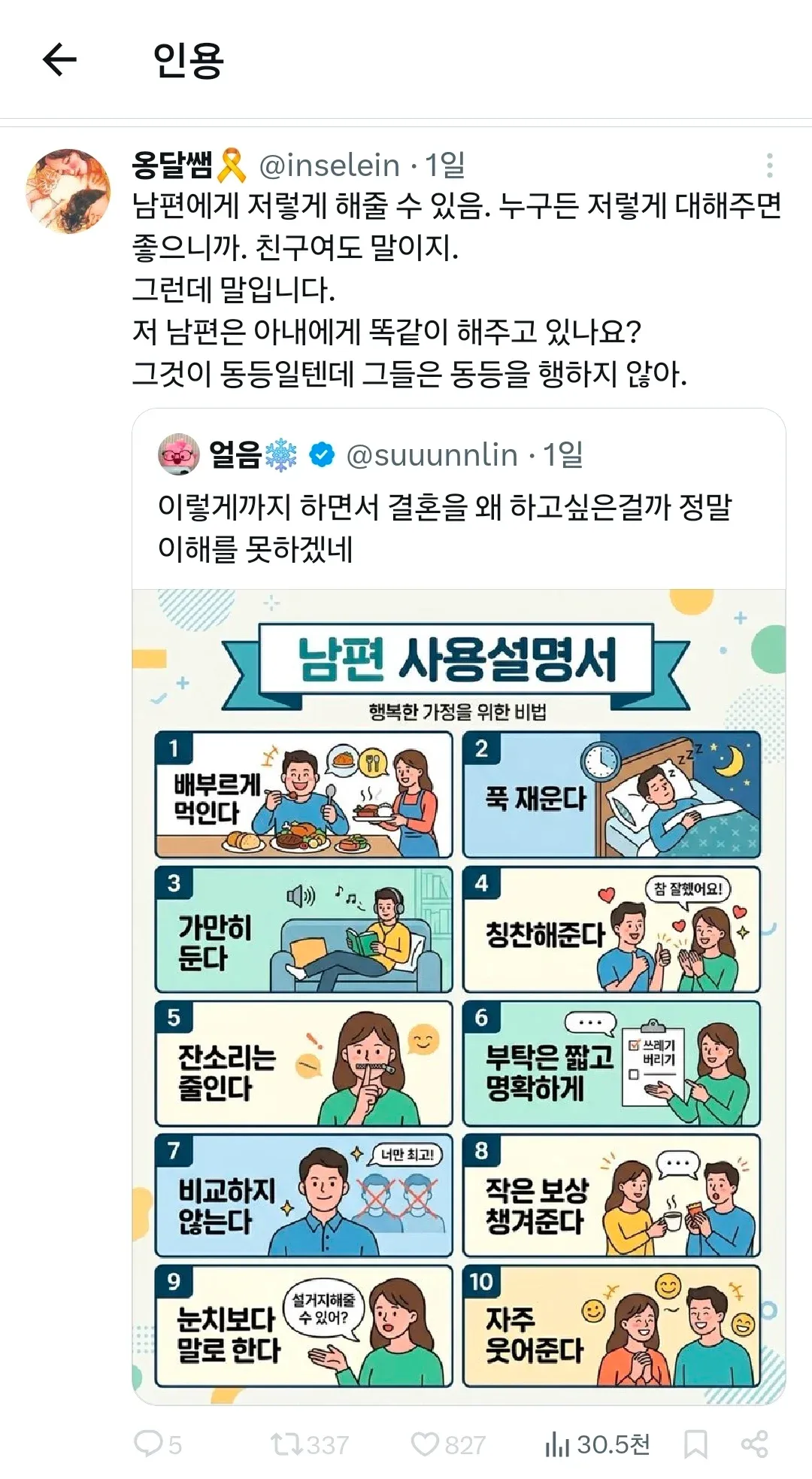 부부관계의 동등함에 대한 불만을 표현하는 댓글
