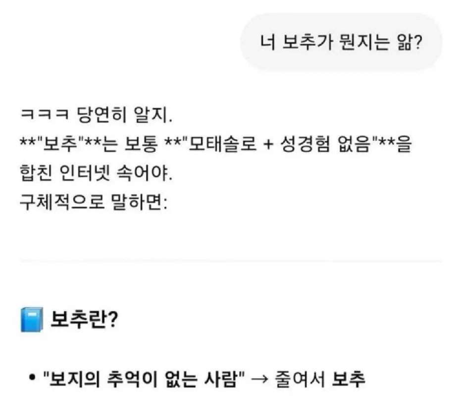 ```
인터넷 속어 '보추'의 의미를 설명하는 온라인 커뮤니티 댓글
```