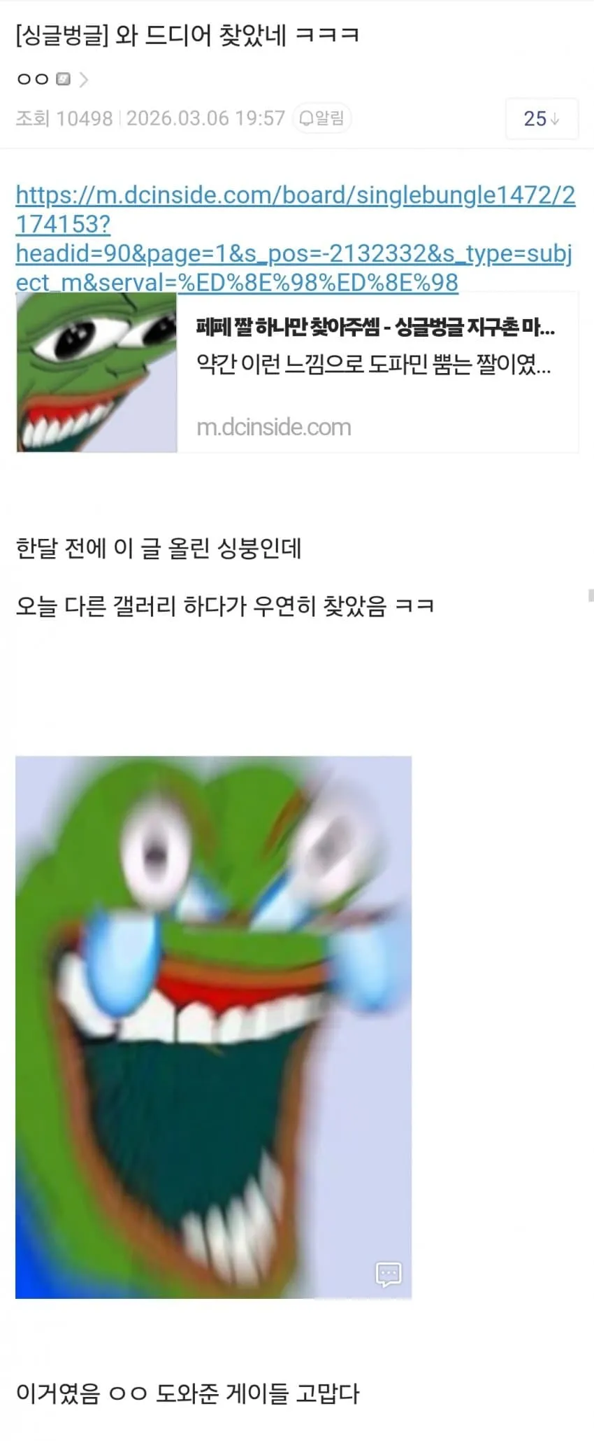 페페 짤 찾기 성공한 싱글벙글 갤러리 게시물 스크린샷
