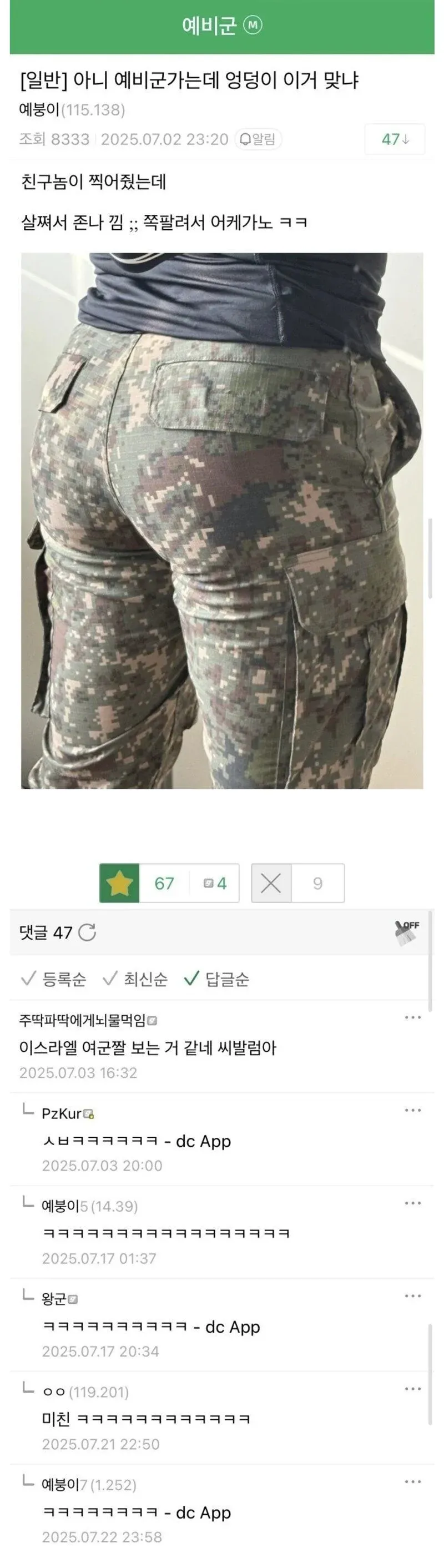 예비군 훈련 관련 온라인 커뮤니티 댓글 스크린샷