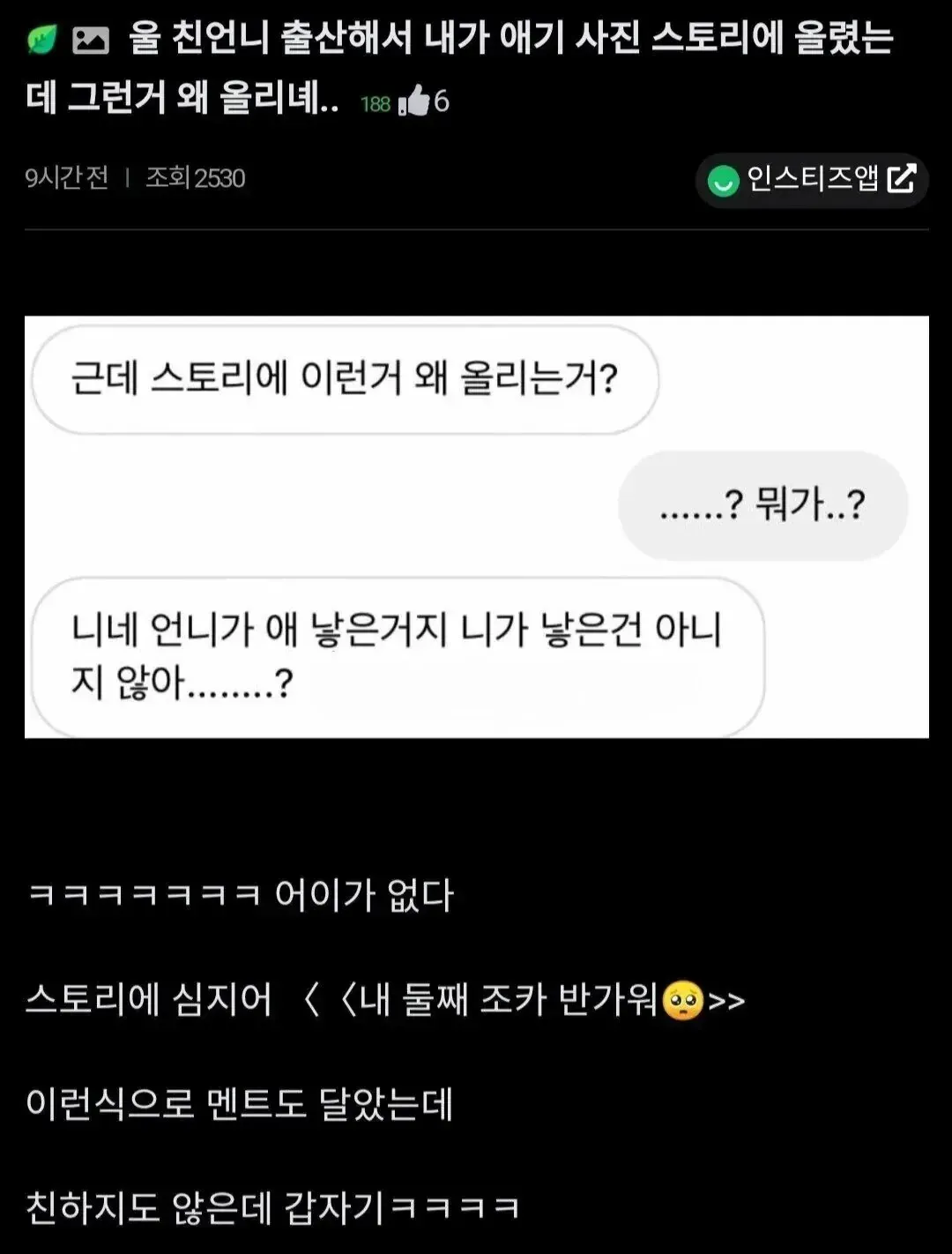 조카 사진 스토리에 달린 비판적 댓글들